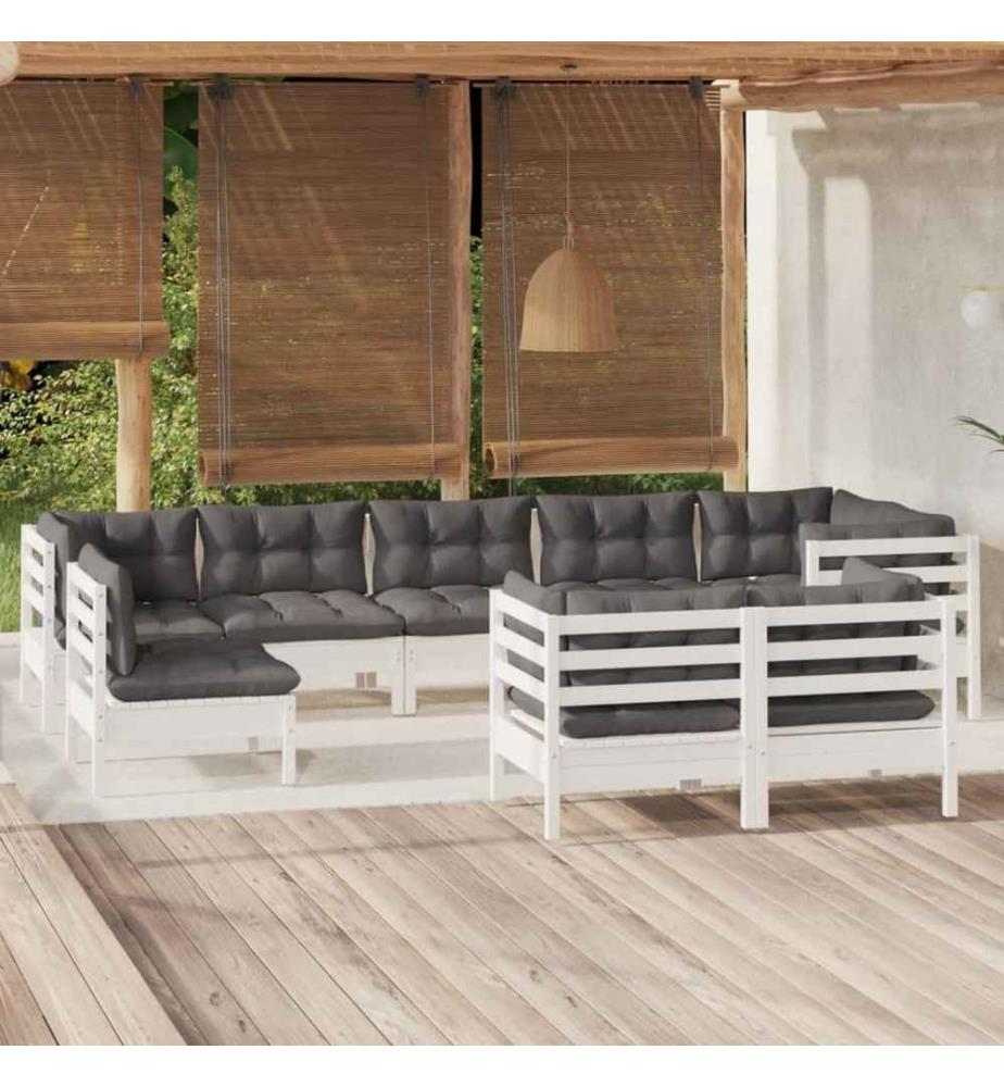 9-tlg. Garten-Lounge-Set mit Kissen Weiss Kiefer Massivholz