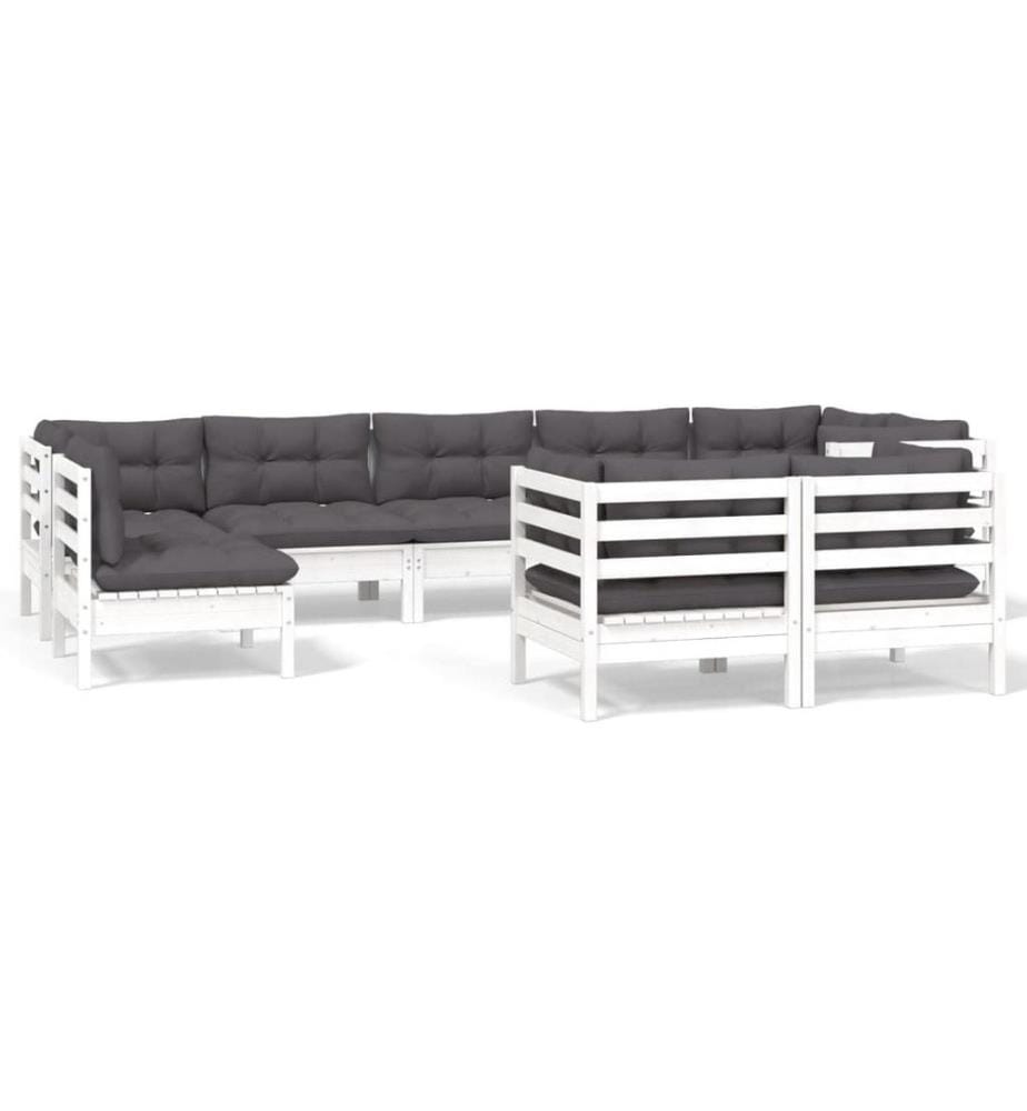 9-tlg. Garten-Lounge-Set mit Kissen Weiss Kiefer Massivholz