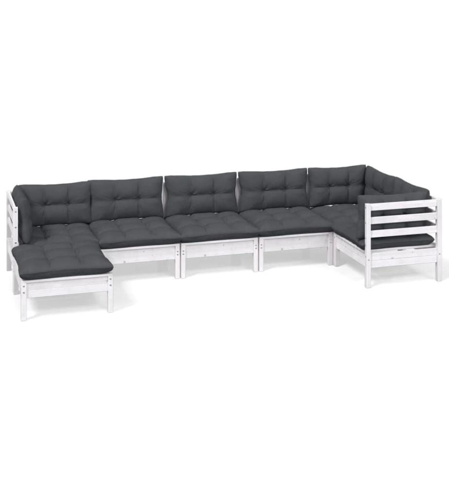 7-tlg. Garten-Lounge-Set mit Kissen Weiss Kiefer Massivholz