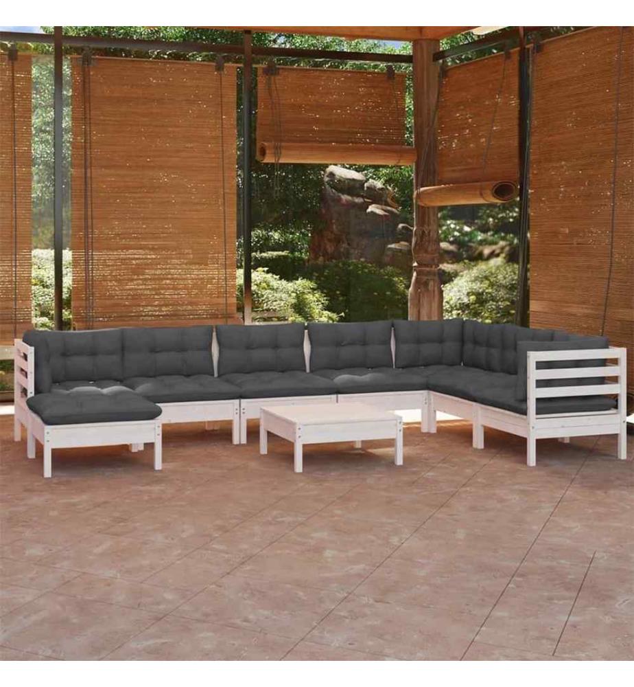 9-tlg. Garten-Lounge-Set mit Kissen Weiss Kiefer Massivholz