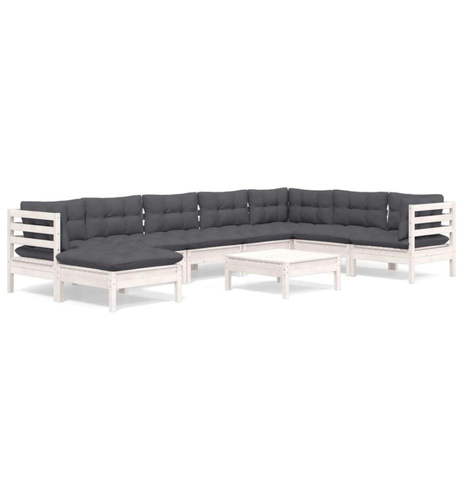 9-tlg. Garten-Lounge-Set mit Kissen Weiss Kiefer Massivholz
