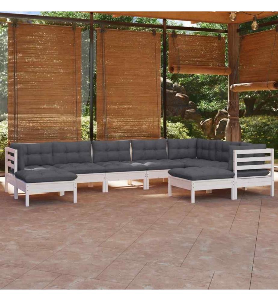 9-tlg. Garten-Lounge-Set mit Kissen Weiss Kiefer Massivholz