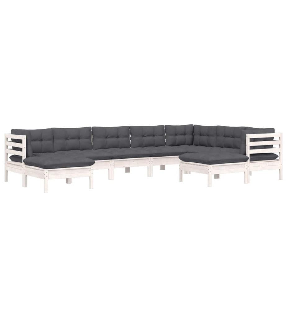 9-tlg. Garten-Lounge-Set mit Kissen Weiss Kiefer Massivholz