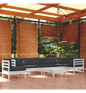 9-tlg. Garten-Lounge-Set mit Kissen Weiss Kiefer Massivholz