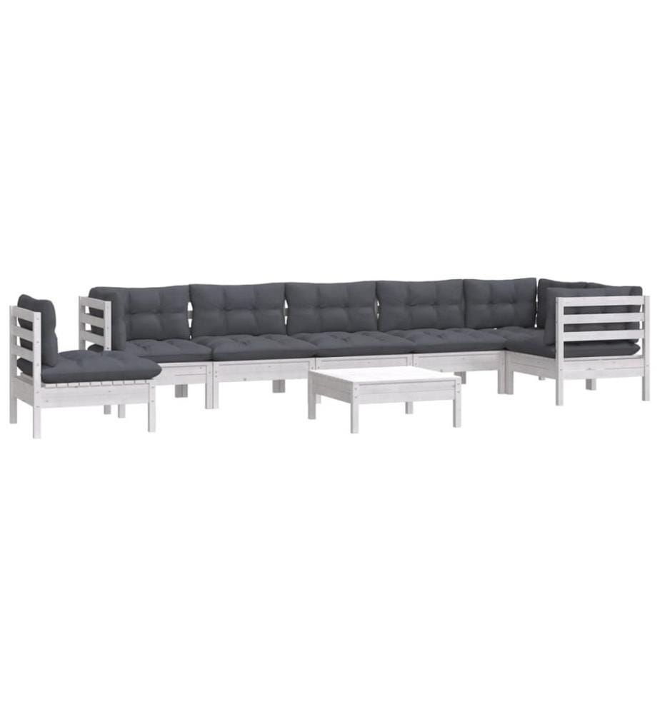 9-tlg. Garten-Lounge-Set mit Kissen Weiss Kiefer Massivholz