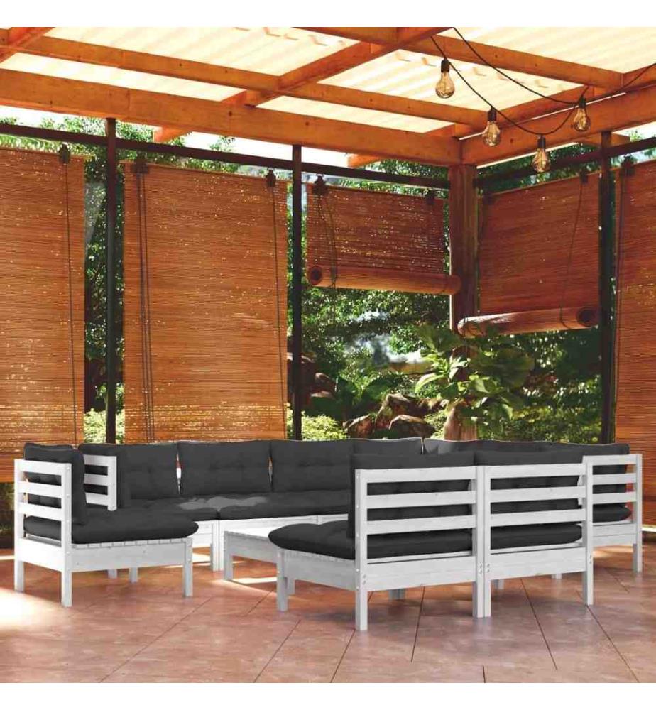 10-tlg. Garten-Lounge-Set mit Kissen Weiss Kiefer Massivholz