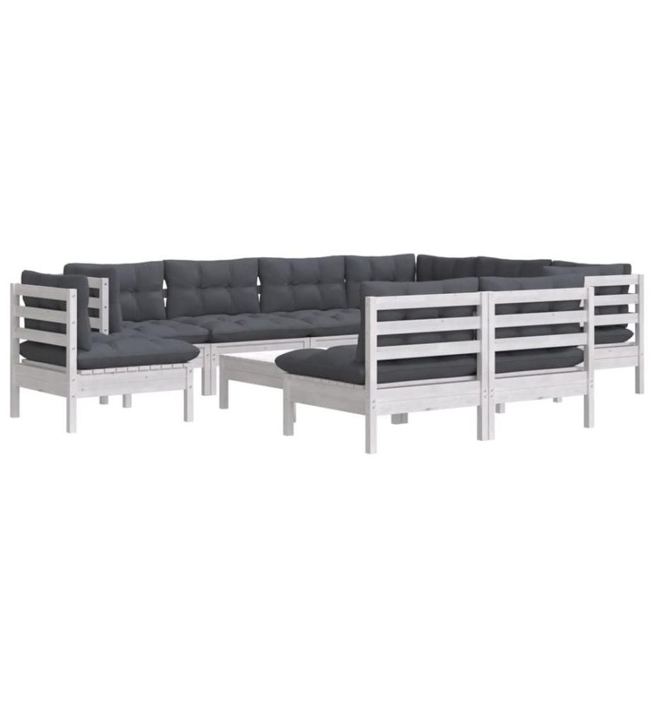 10-tlg. Garten-Lounge-Set mit Kissen Weiss Kiefer Massivholz