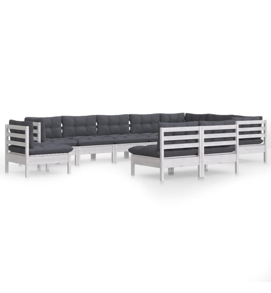 10-tlg. Garten-Lounge-Set mit Kissen Weiss Kiefer Massivholz
