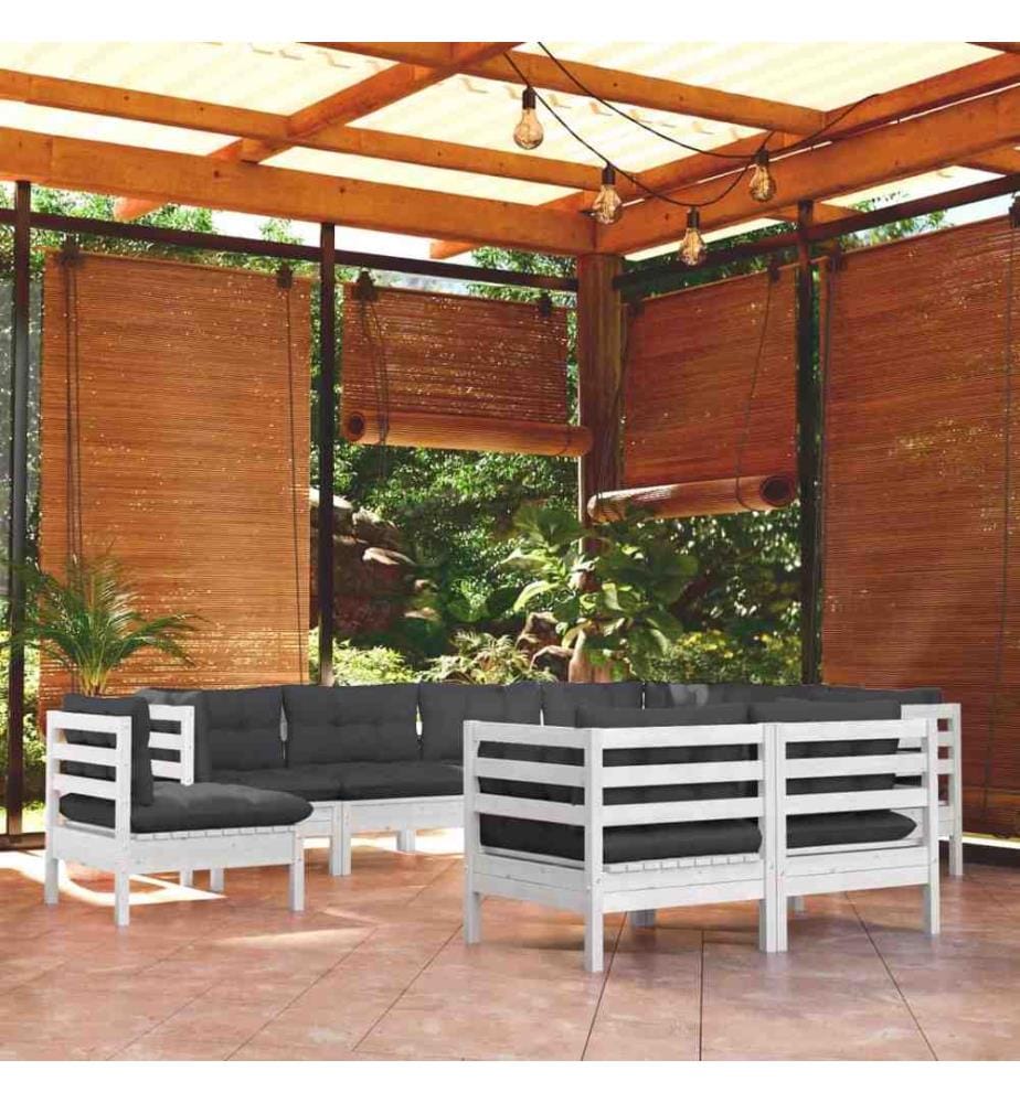 9-tlg. Garten-Lounge-Set mit Kissen Weiss Kiefer Massivholz