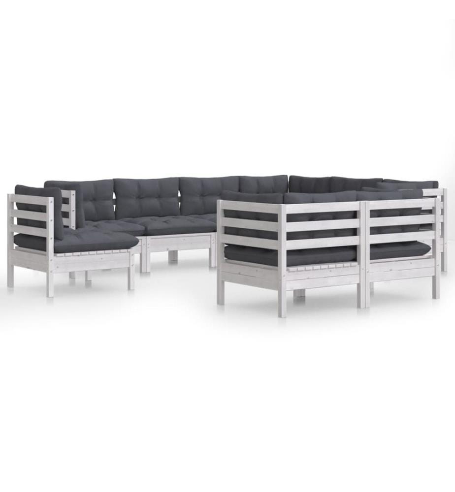 9-tlg. Garten-Lounge-Set mit Kissen Weiss Kiefer Massivholz