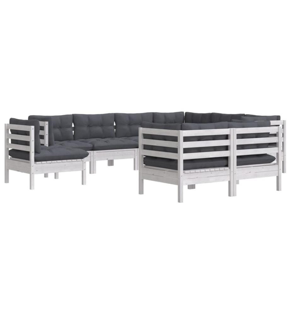 9-tlg. Garten-Lounge-Set mit Kissen Weiss Kiefer Massivholz