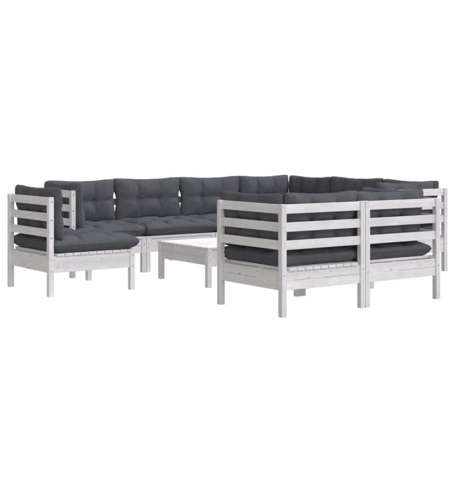 10-tlg. Garten-Lounge-Set mit Kissen Weiss Kiefer Massivholz
