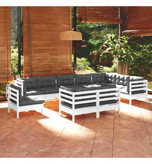 10-tlg. Garten-Lounge-Set mit Kissen Weiss Kiefer Massivholz