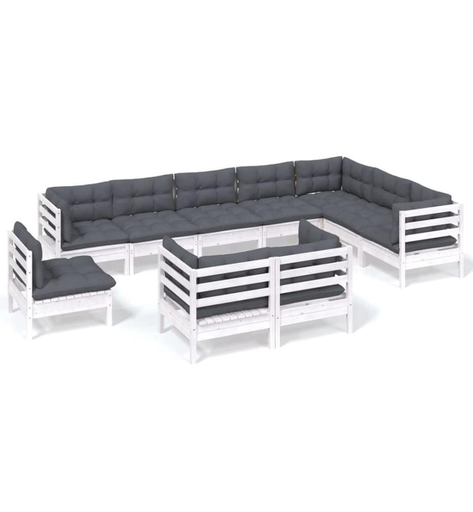 10-tlg. Garten-Lounge-Set mit Kissen Weiss Kiefer Massivholz