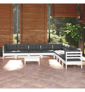 10-tlg. Garten-Lounge-Set mit Kissen Weiss Kiefer Massivholz