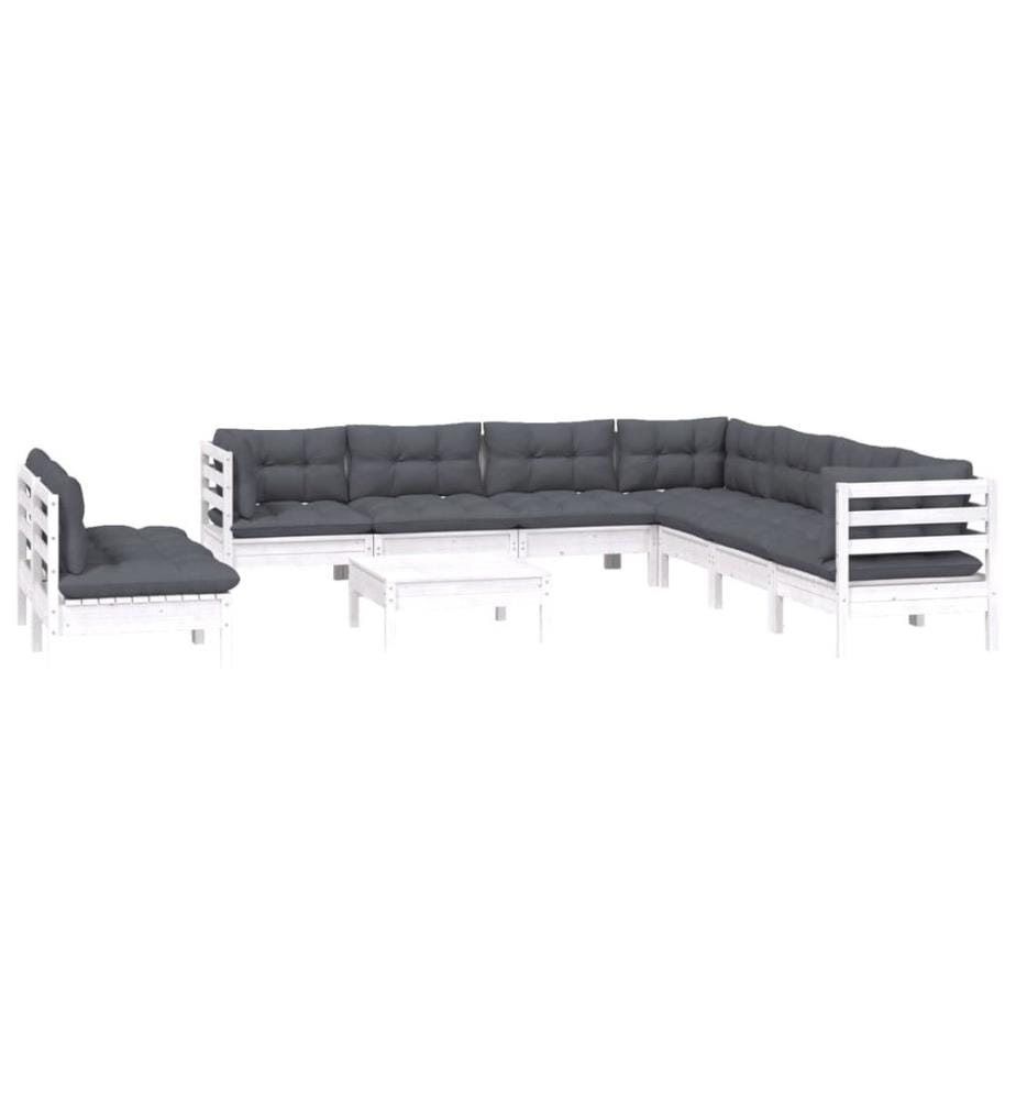 10-tlg. Garten-Lounge-Set mit Kissen Weiss Massivholz Kiefer