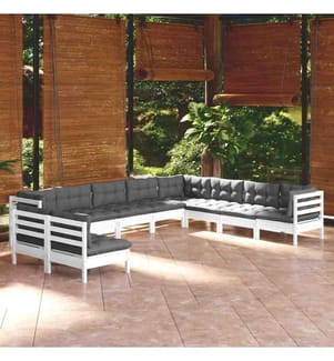 10-tlg. Garten-Lounge-Set mit Kissen Weiss Massivholz Kiefer