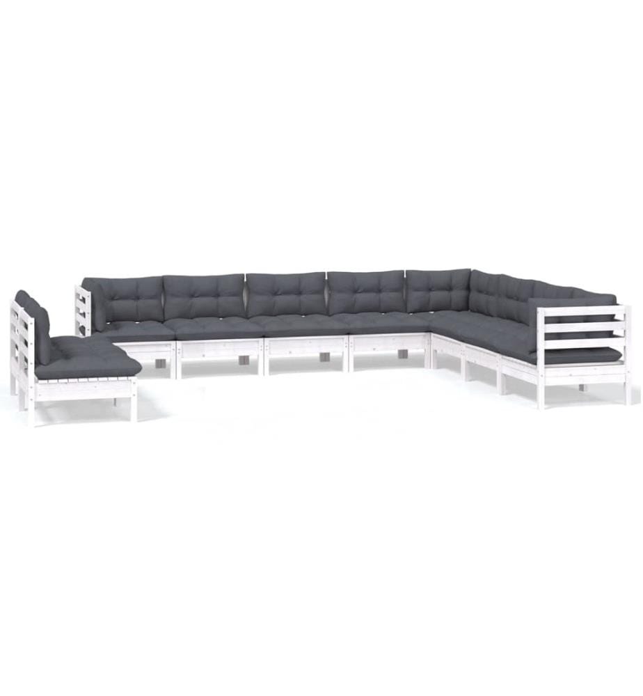10-tlg. Garten-Lounge-Set mit Kissen Weiss Massivholz Kiefer
