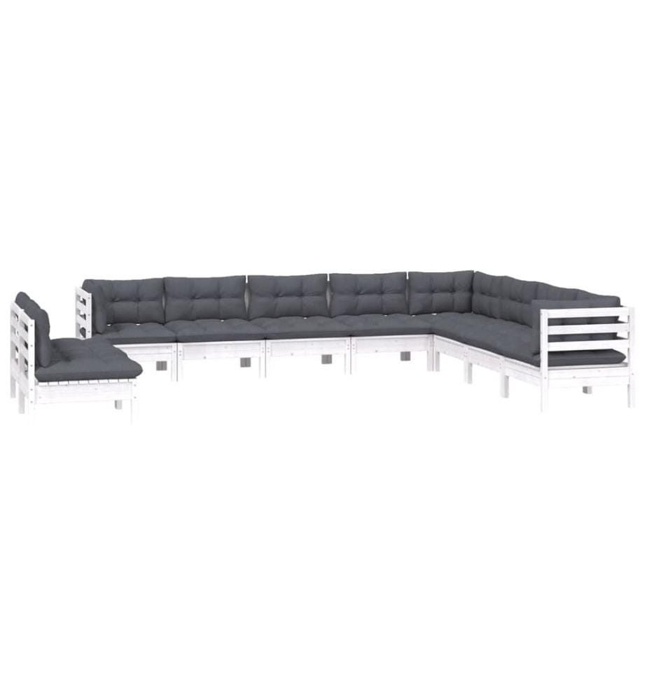 10-tlg. Garten-Lounge-Set mit Kissen Weiss Massivholz Kiefer