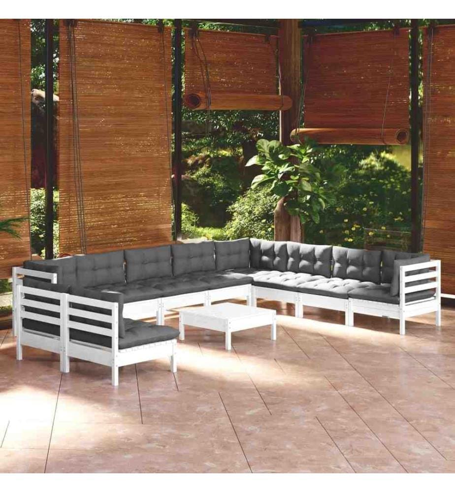 11-tlg. Garten-Lounge-Set mit Kissen Weiss Massivholz Kiefer