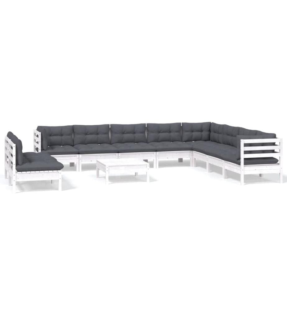 11-tlg. Garten-Lounge-Set mit Kissen Weiss Massivholz Kiefer
