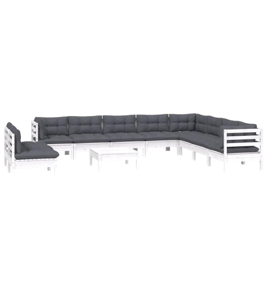 11-tlg. Garten-Lounge-Set mit Kissen Weiss Massivholz Kiefer