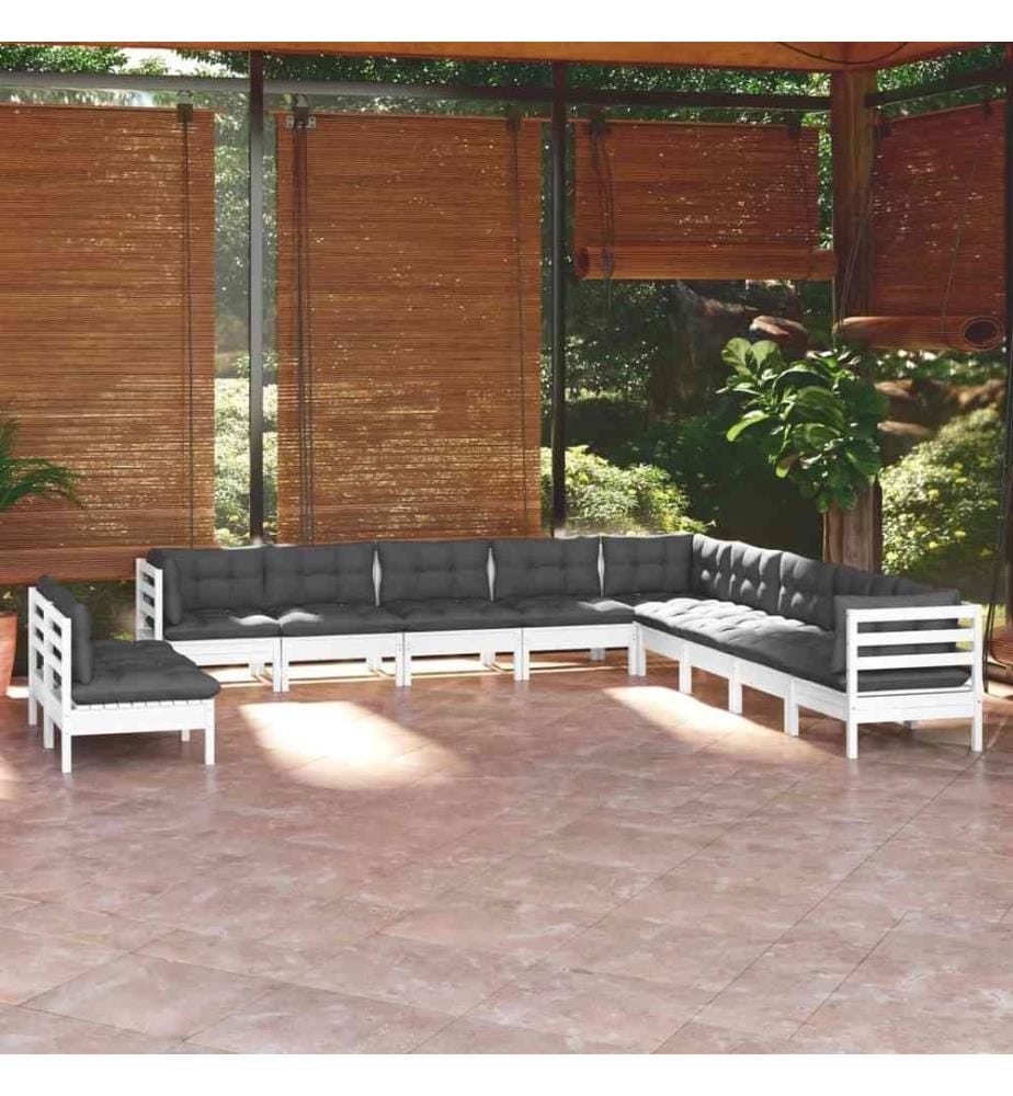 11-tlg. Garten-Lounge-Set mit Kissen Weiss Massivholz Kiefer