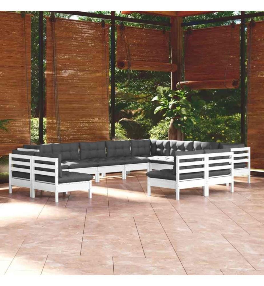 12-tlg. Garten-Lounge-Set mit Kissen Weiss Massivholz Kiefer