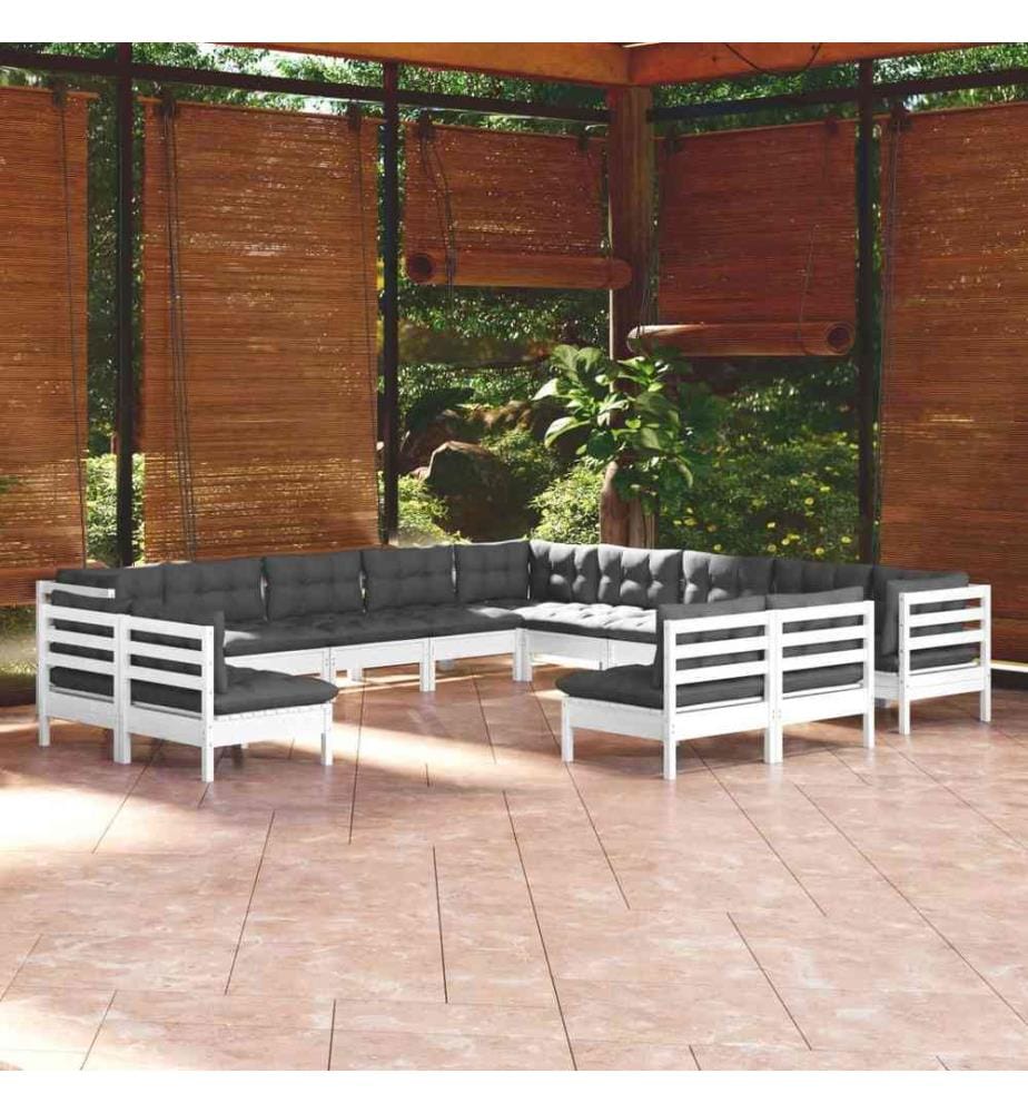 13-tlg. Garten-Lounge-Set mit Kissen Weiss Massivholz Kiefer