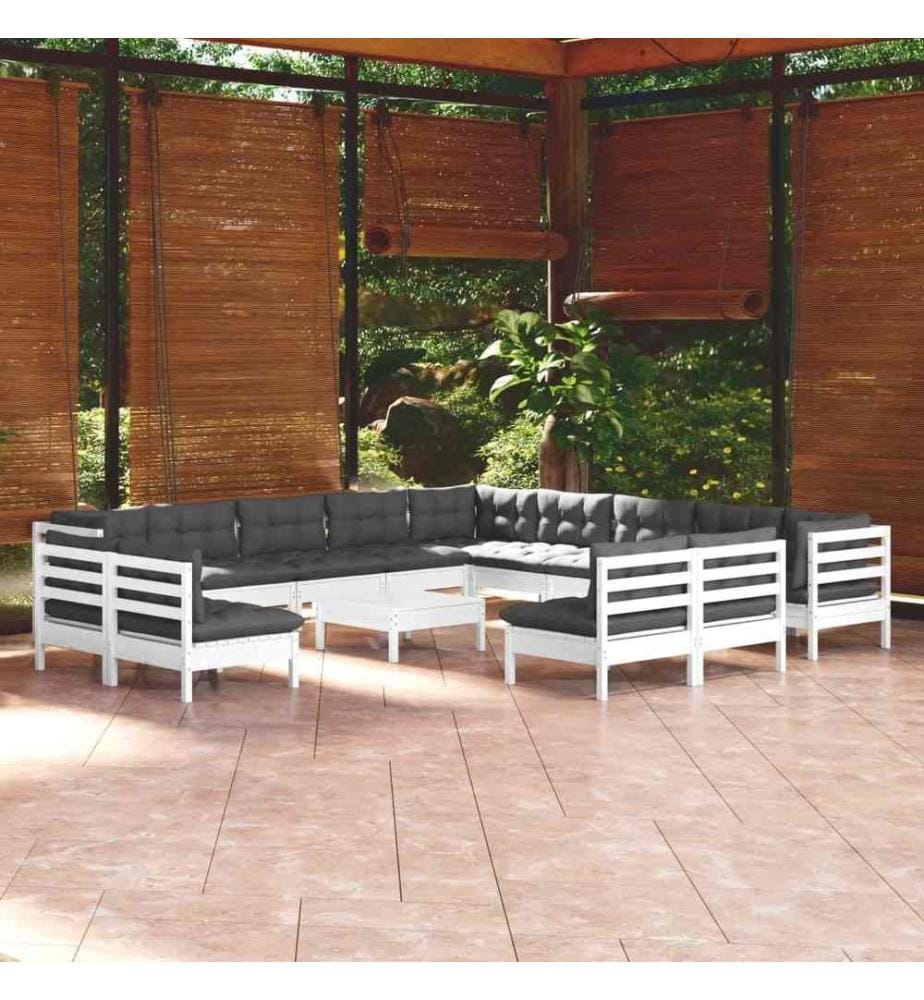 14-tlg. Garten-Lounge-Set mit Kissen Weiss Massivholz Kiefer
