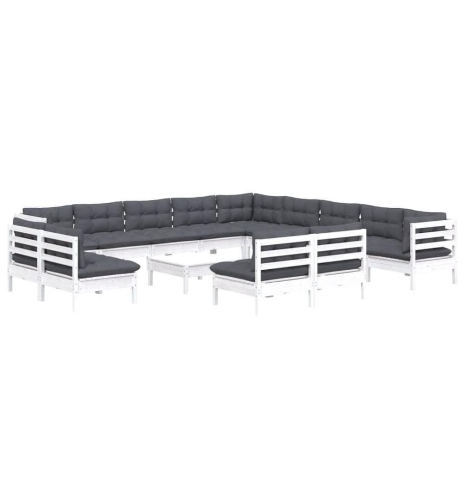 14-tlg. Garten-Lounge-Set mit Kissen Weiss Massivholz Kiefer