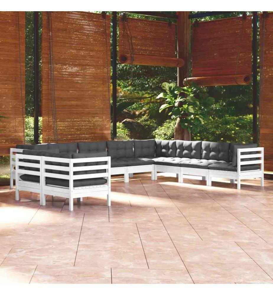 10-tlg. Garten-Lounge-Set mit Kissen Weiss Massivholz Kiefer
