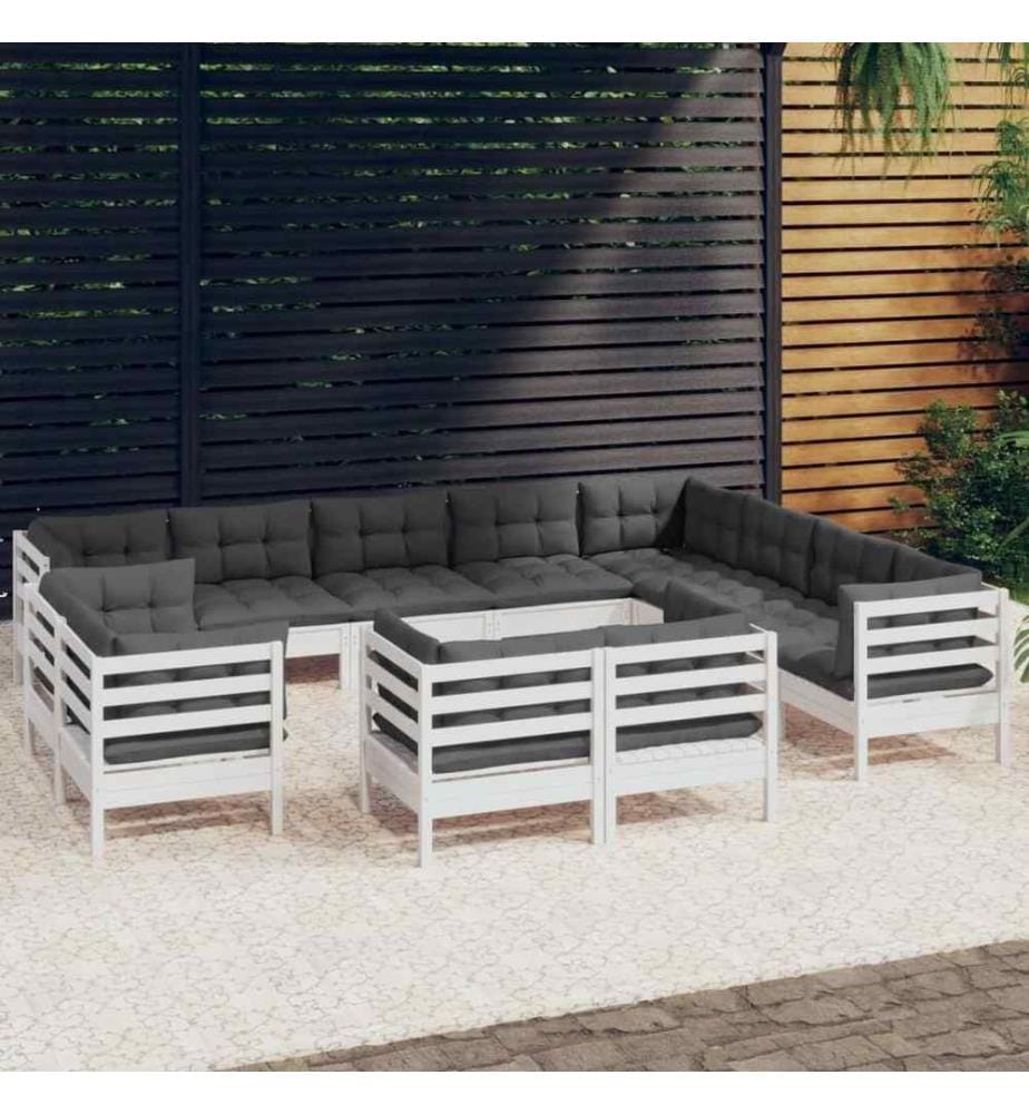 12-tlg. Garten-Lounge-Set mit Kissen Weiss Massivholz Kiefer