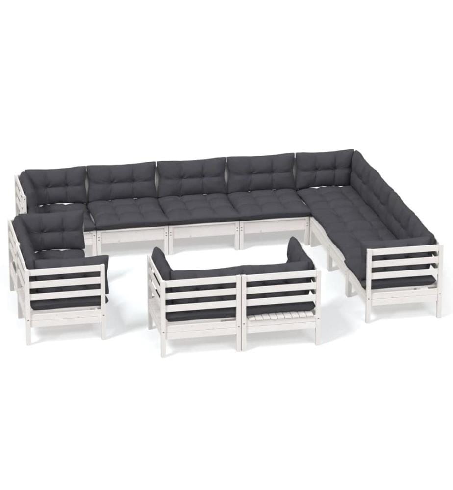 12-tlg. Garten-Lounge-Set mit Kissen Weiss Massivholz Kiefer