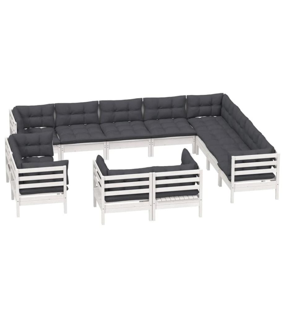 12-tlg. Garten-Lounge-Set mit Kissen Weiss Massivholz Kiefer
