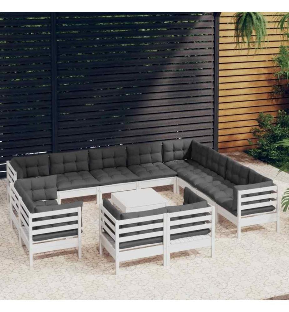13-tlg. Garten-Lounge-Set mit Kissen Weiss Massivholz Kiefer