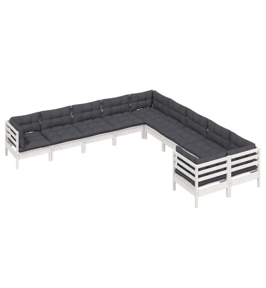 10-tlg. Garten-Lounge-Set mit Kissen Weiss Kiefernholz