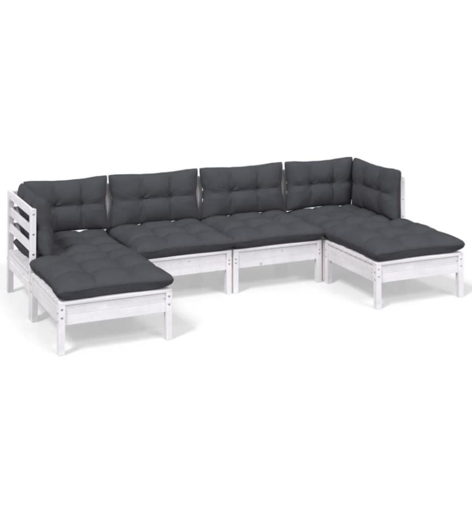 Salon de jardin 6 pcs avec coussins Blanc Bois de pin