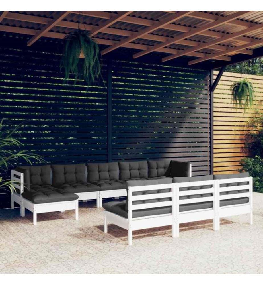 10-tlg. Garten-Lounge-Set mit Kissen Weiss Kiefernholz