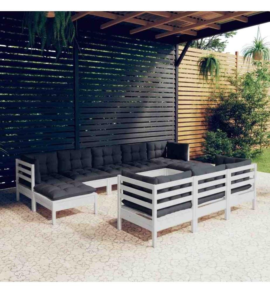 10-tlg. Garten-Lounge-Set mit Kissen Weiss Kiefer Massivholz