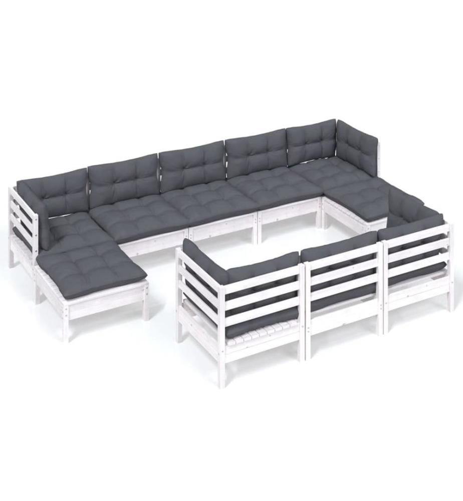 10-tlg. Garten-Lounge-Set mit Kissen Weiss Kiefer Massivholz
