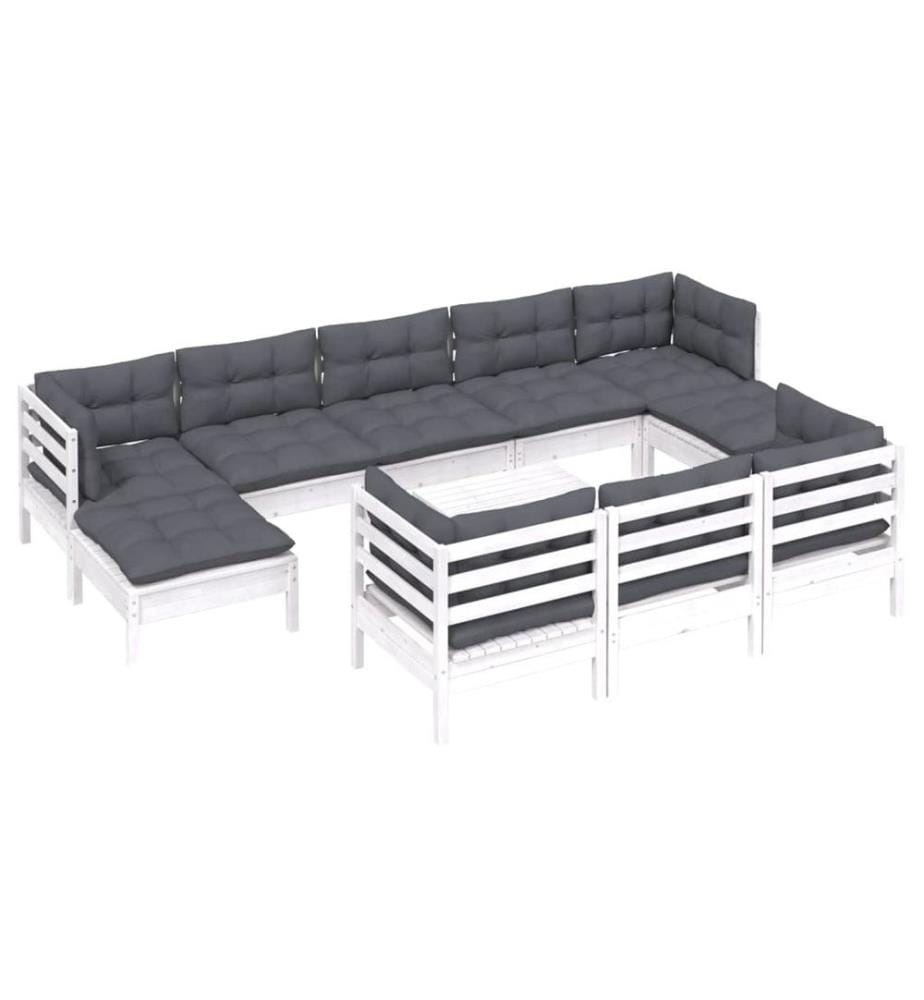 11-tlg. Garten-Lounge-Set mit Kissen Weiss Kiefer Massivholz