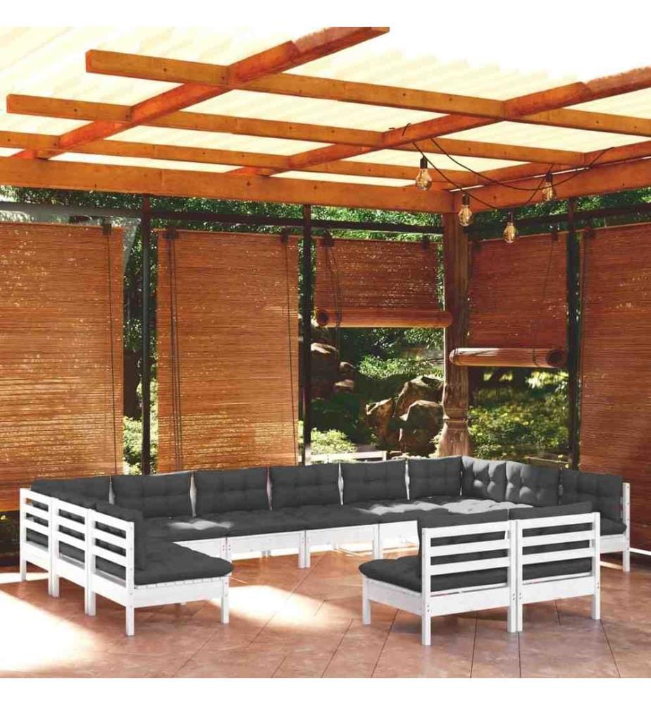 12-tlg. Garten-Lounge-Set mit Kissen Weiss Kiefer Massivholz