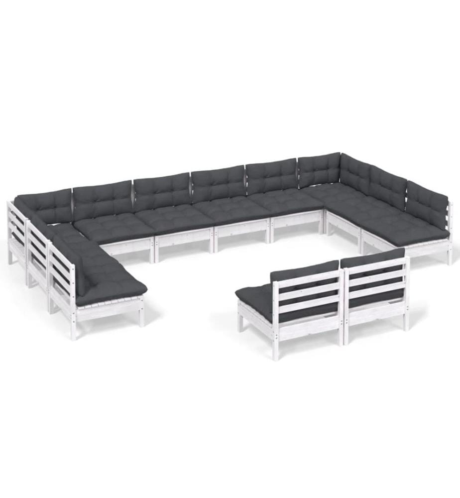 12-tlg. Garten-Lounge-Set mit Kissen Weiss Kiefer Massivholz