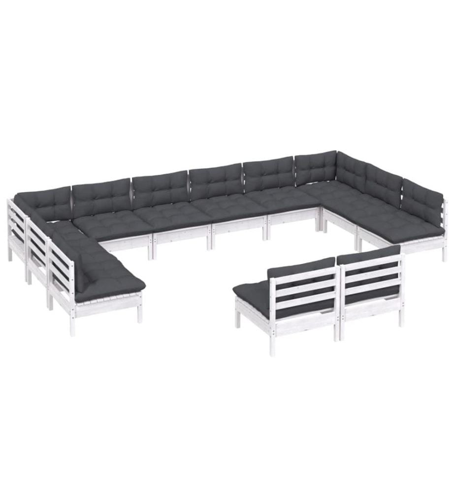 12-tlg. Garten-Lounge-Set mit Kissen Weiss Kiefer Massivholz