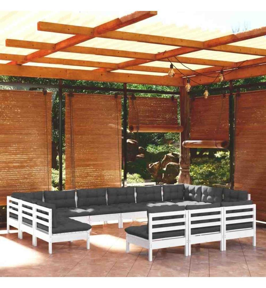 13-tlg. Garten-Lounge-Set mit Kissen Weiss Kiefer Massivholz