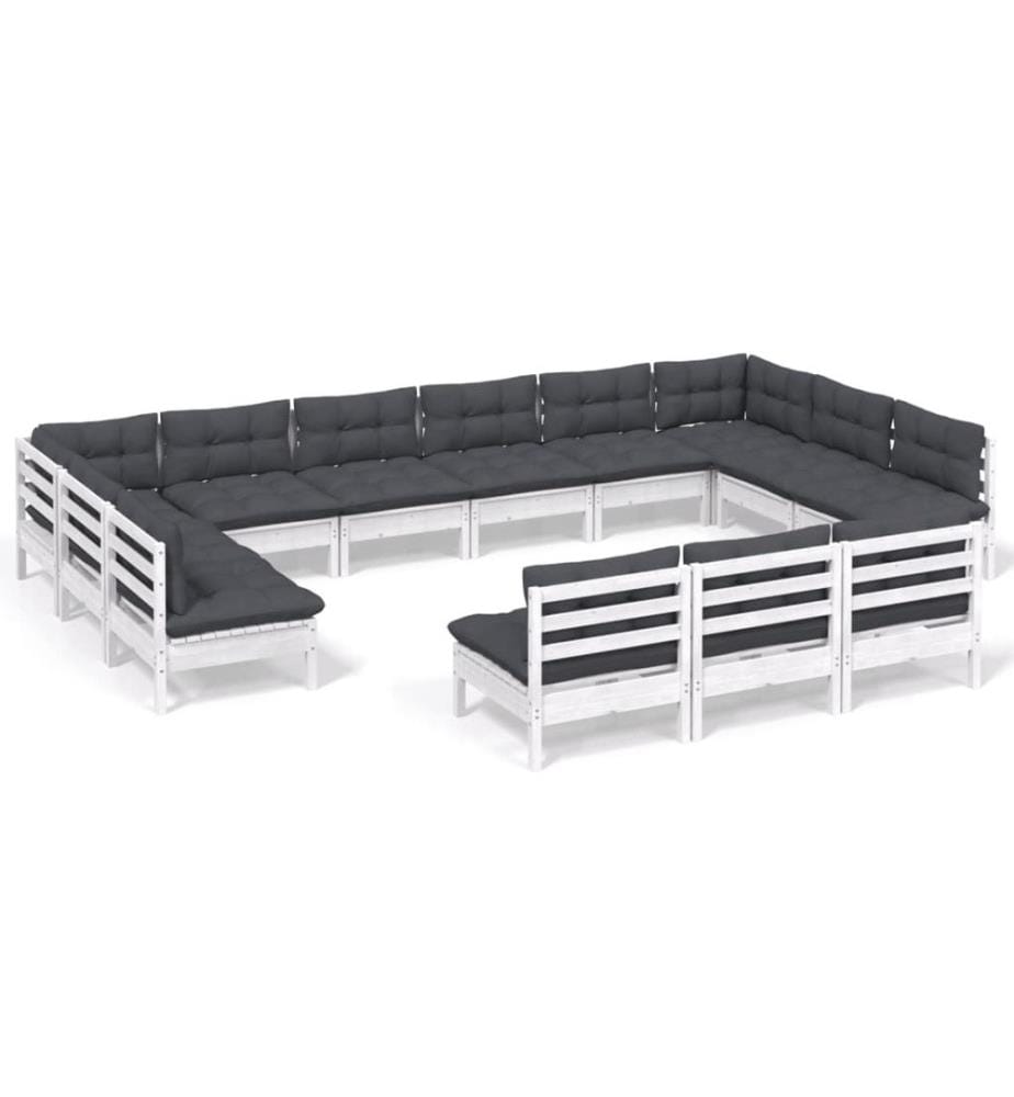 13-tlg. Garten-Lounge-Set mit Kissen Weiss Kiefer Massivholz