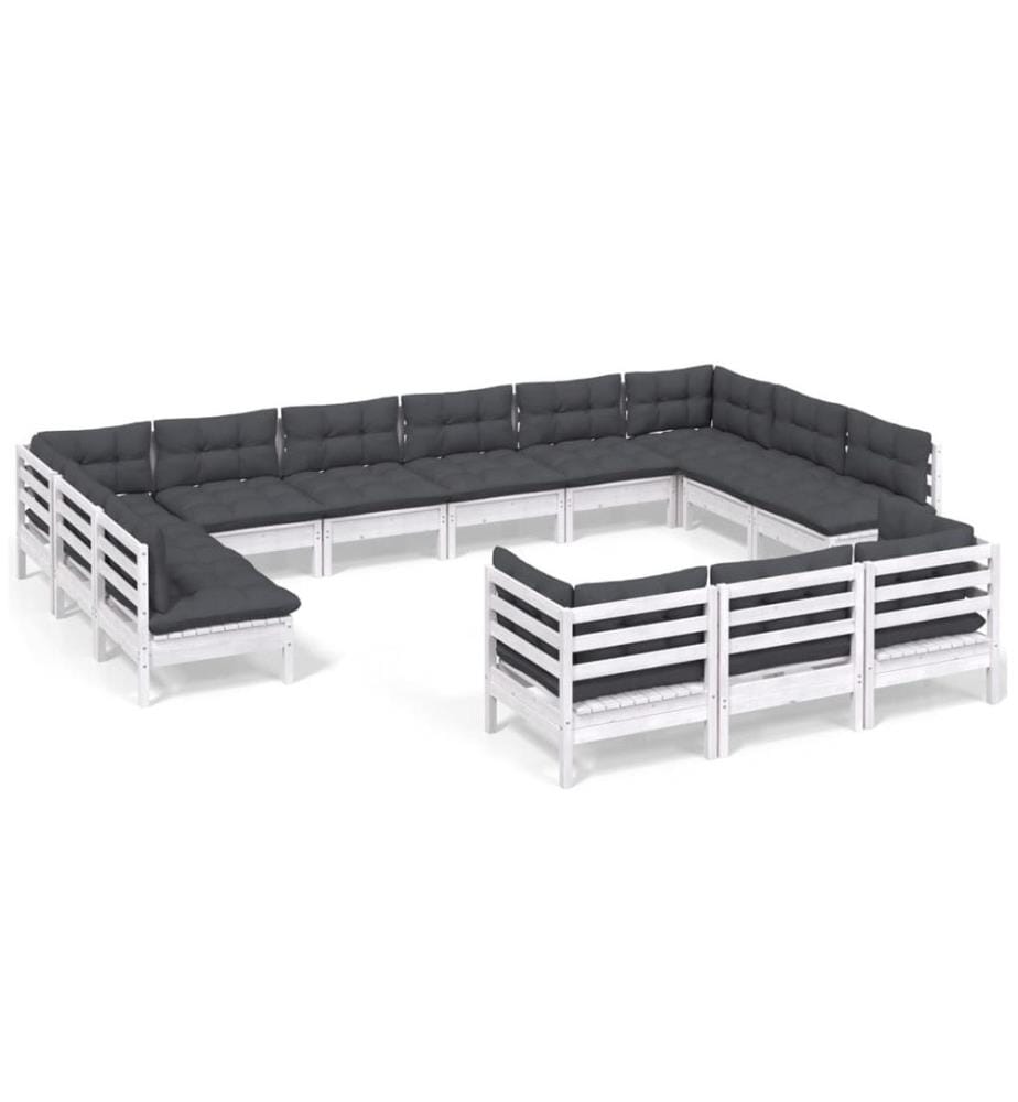 13-tlg. Garten-Lounge-Set mit Kissen Weiss Kiefernholz