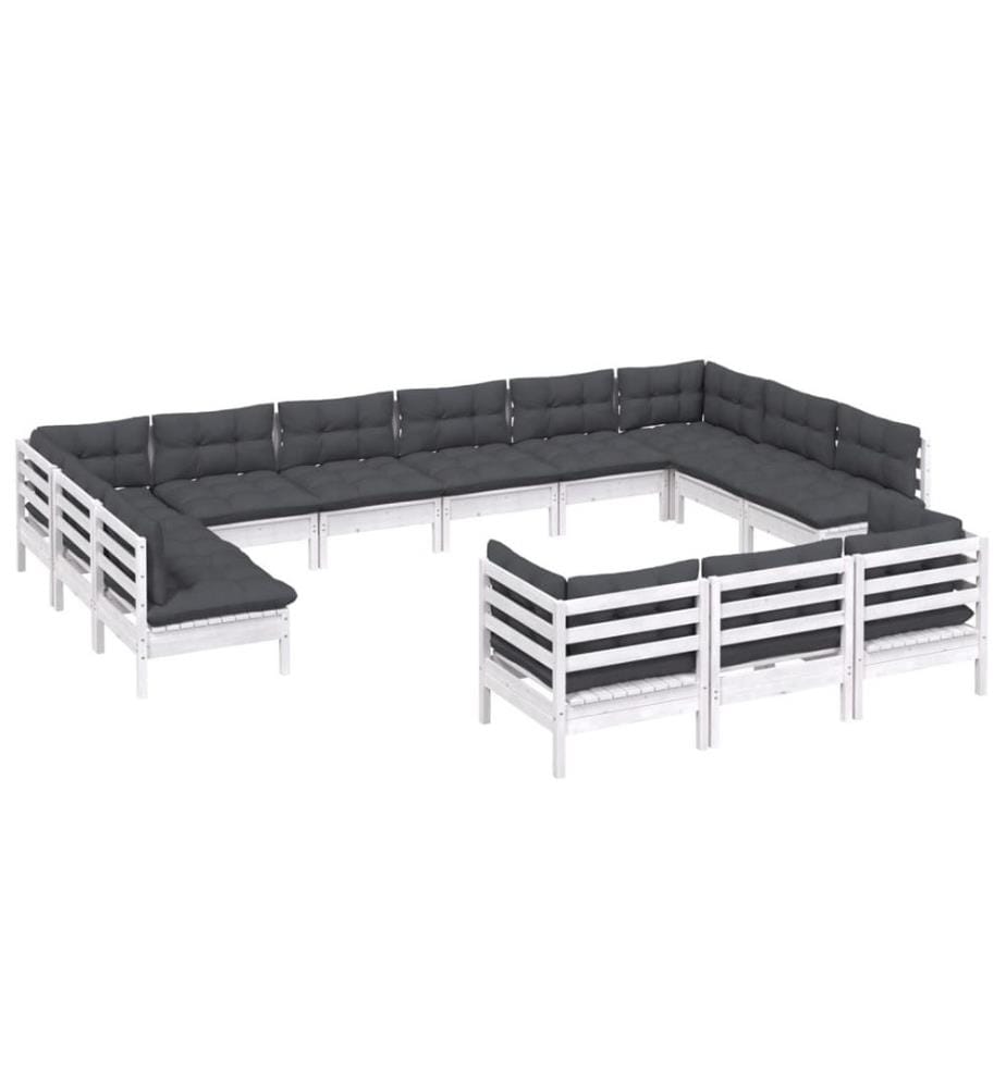 13-tlg. Garten-Lounge-Set mit Kissen Weiss Kiefernholz