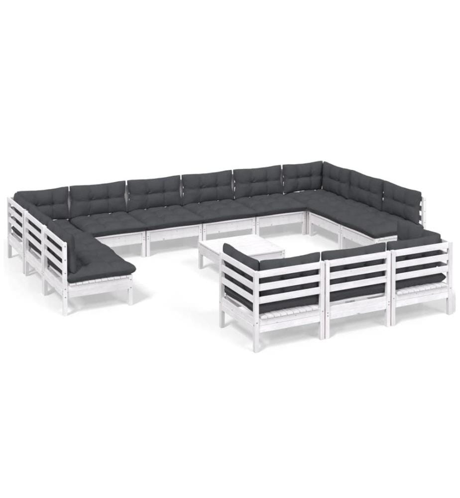 14-tlg. Garten-Lounge-Set mit Kissen Weiss Kiefernholz
